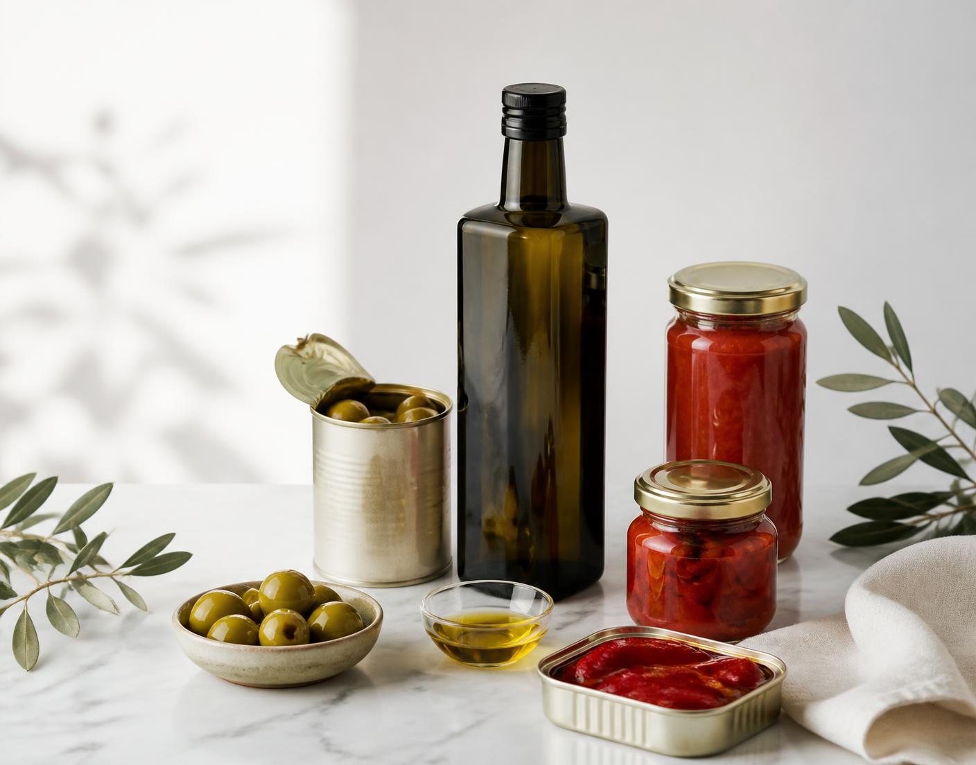 Selección de productos alimenticios españoles: aceite de oliva, aceitunas, pimientos y tomate